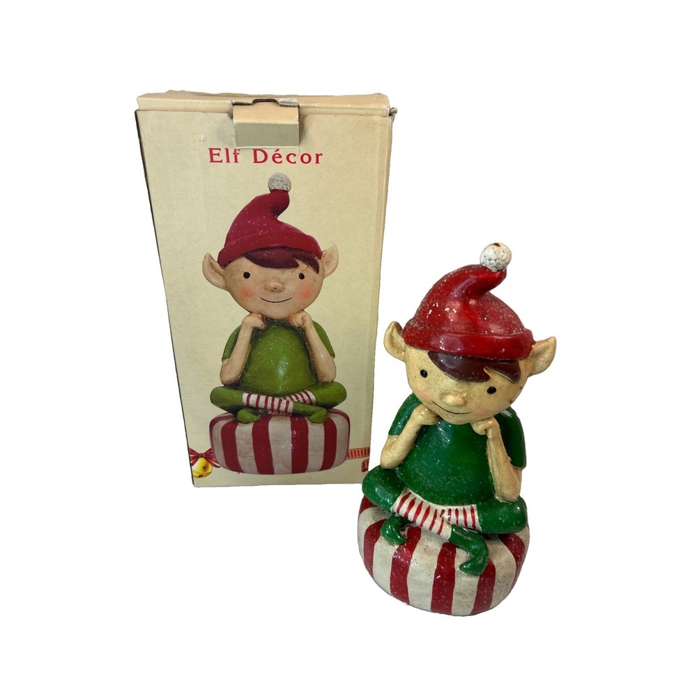 Cracker Barrel Sitting Elf Decor on Holiday Christmas Candy Statue Figurine 10in